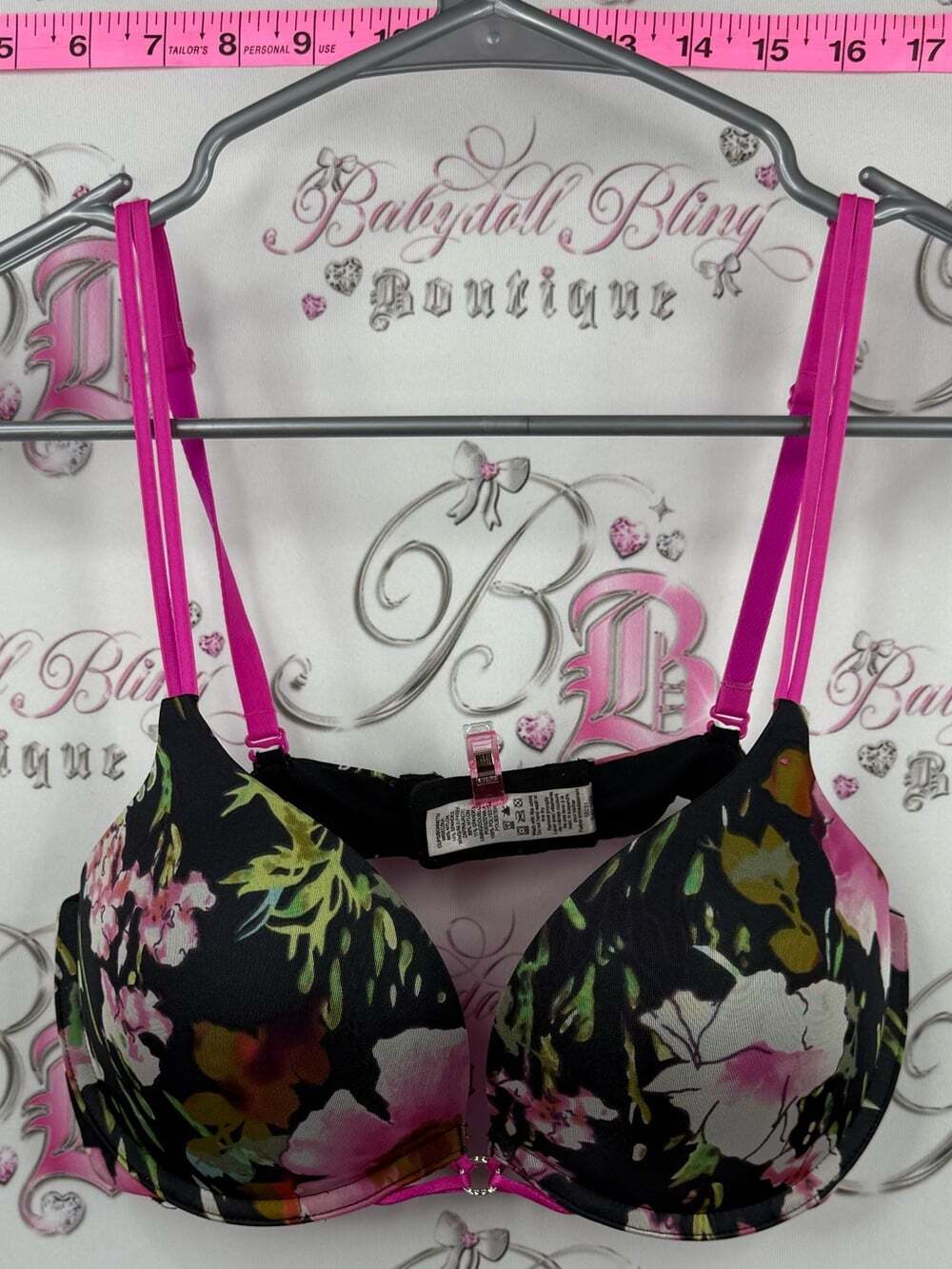 La SENZA bra Pink and Black Floral Push-Up Bra 34C rhinestone charm